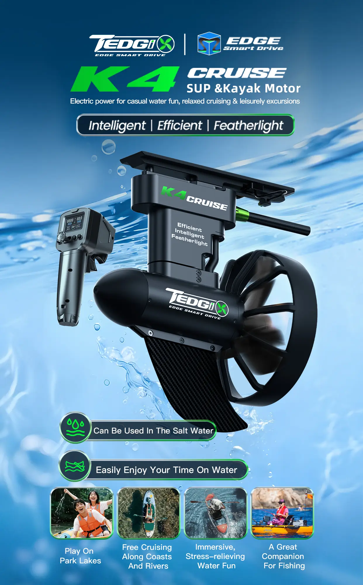 K4C Cruise electric SUP and kayak motor hero image for casual cruising, lightweight water fun, and saltwater use