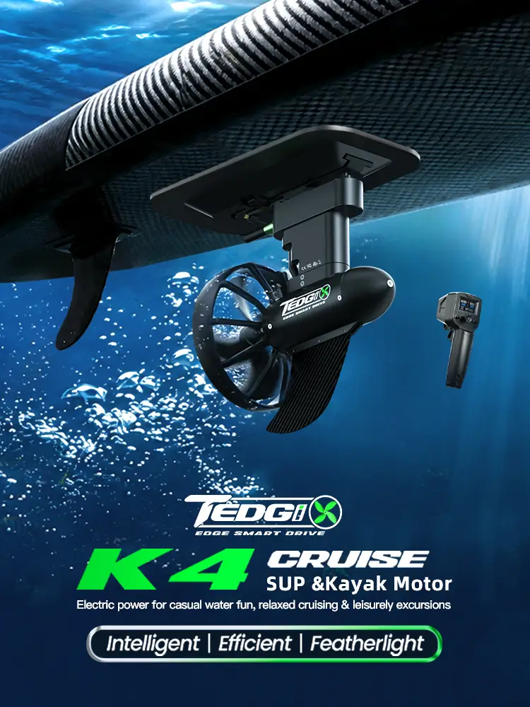 Desktop homepage banner showing K4C Cruise mounted under a SUP board with wireless remote