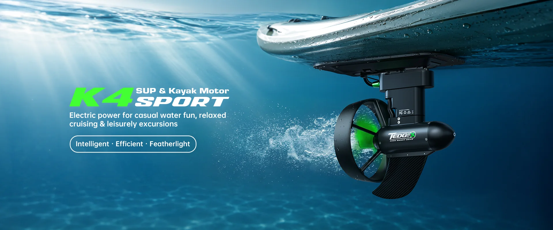 K4S Sport by Tedgix desktop hero banner showing SUP and kayak motor with light portability, precision steering and powerful thrust icons