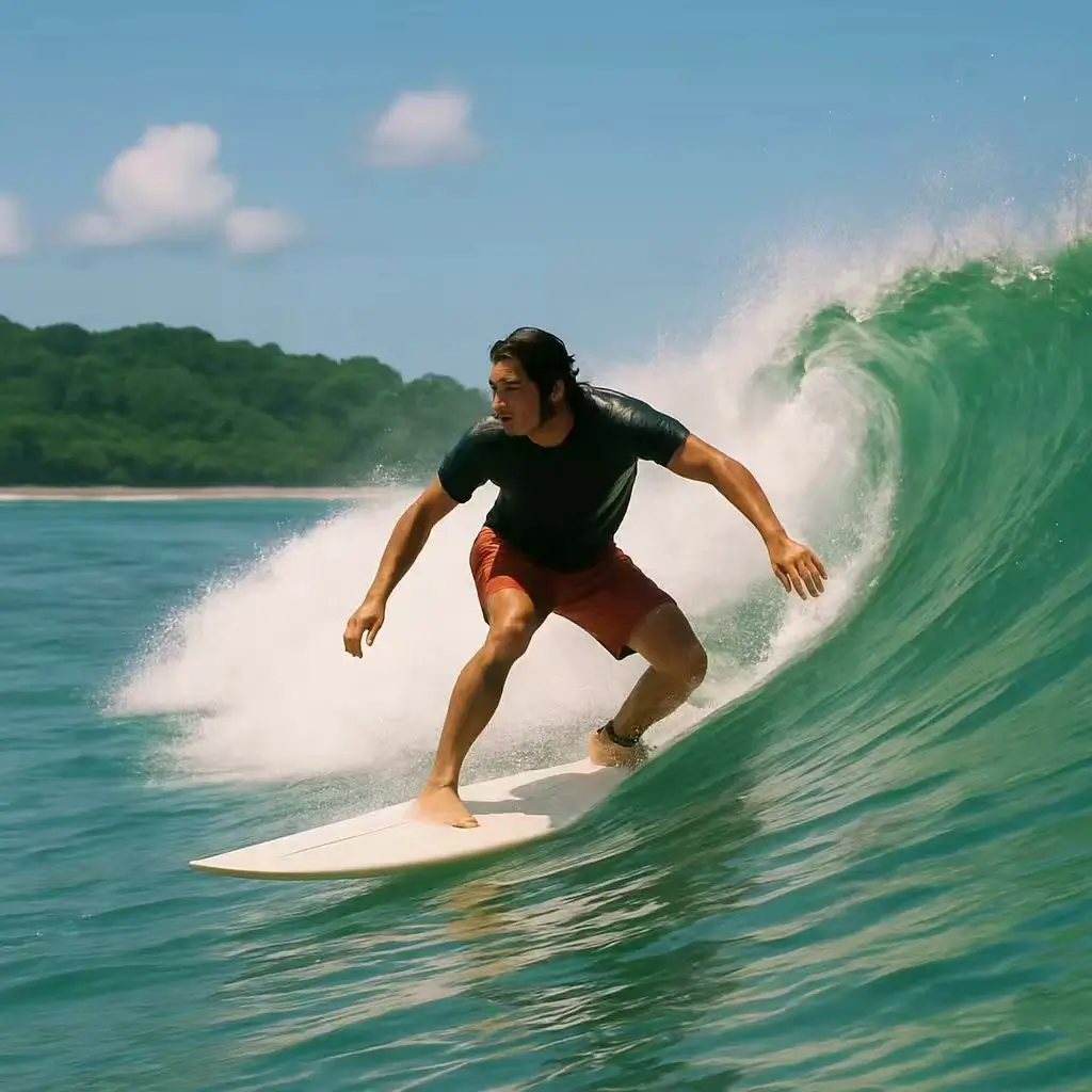 An experienced surfer skillfully riding a powerful green wave, highlighting the thrilling and advanced surf breaks in Costa Rica.