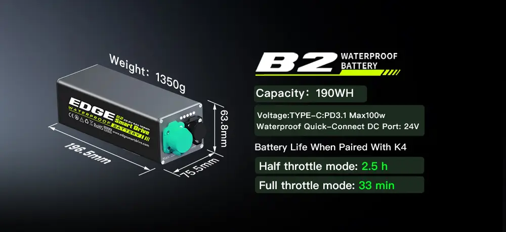 Tedgix B2 marine propulsion battery, the reliable standard power source designed for the K4C kayak and SUP motor.