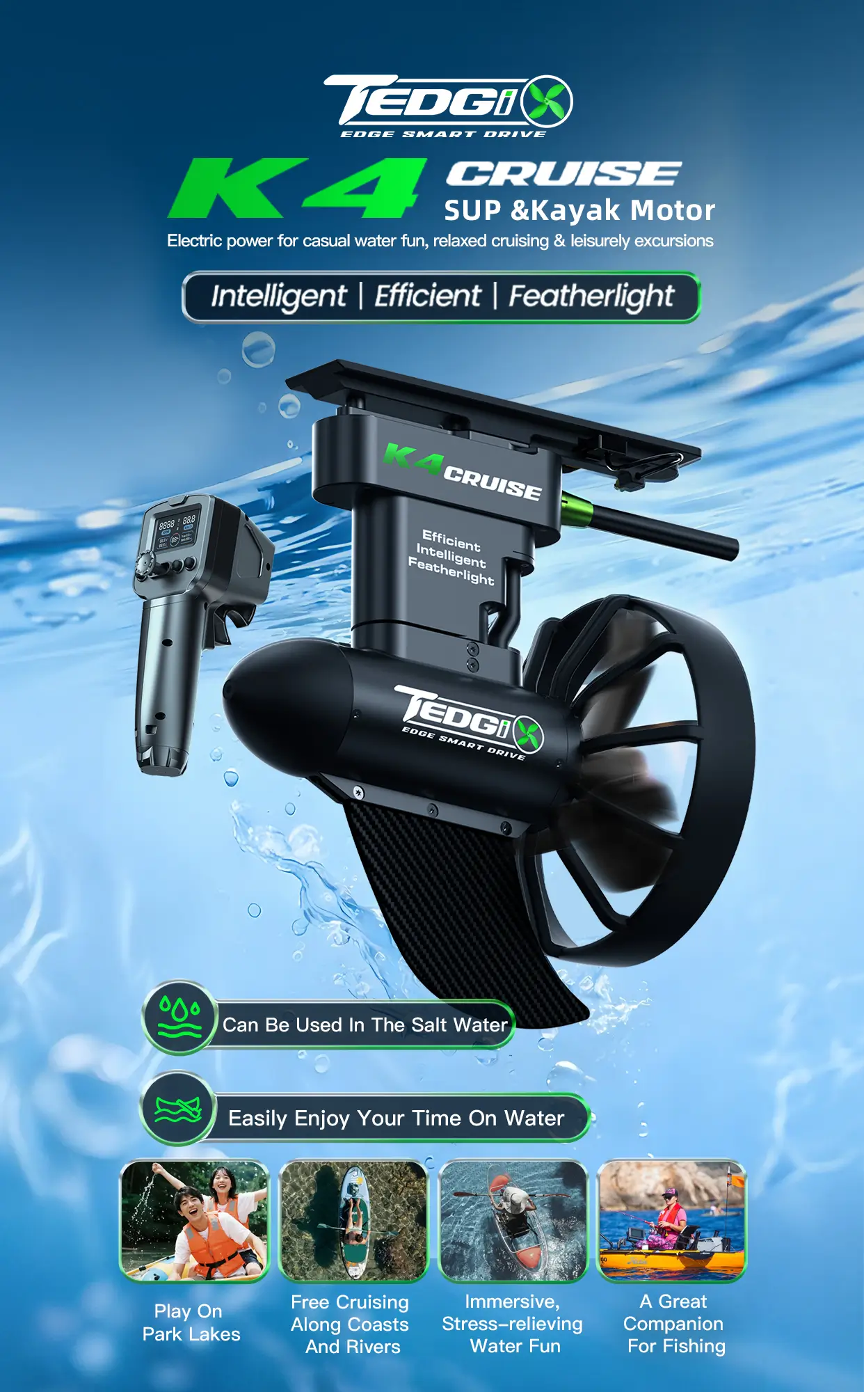 K4C Cruise electric SUP and kayak motor hero image for casual cruising, lightweight water fun, and saltwater use
