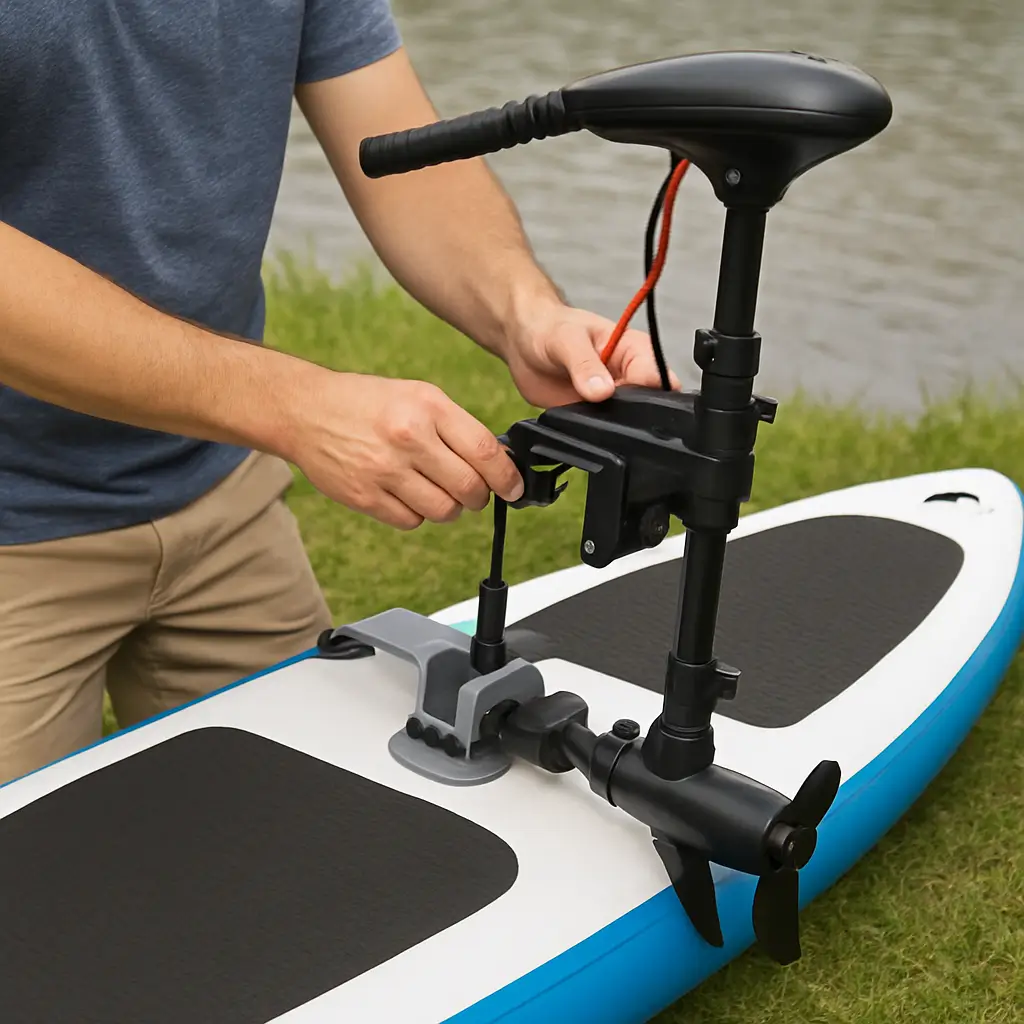 A close-up shot of a person's hands attaching a black bracket for an electric trolling motor to the side of a white and blue inflatable paddleboard.