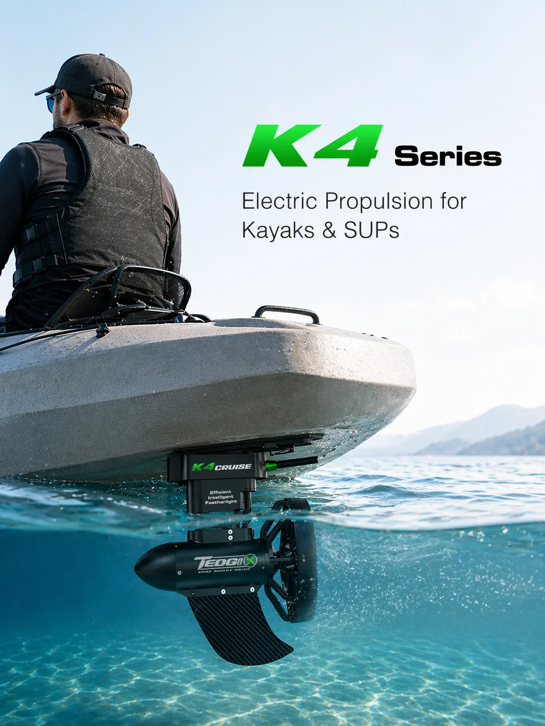 Tedgix K4 Series electric propulsion system installed on a kayak for SUP and kayak adventures