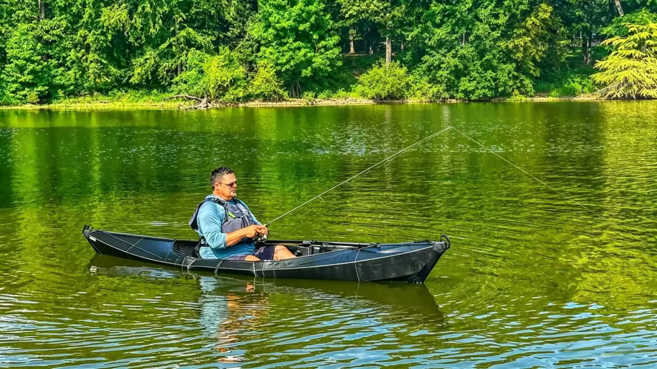 Cleaner inflatable fishing kayak setup with less deck intrusion and a lighter propulsion path