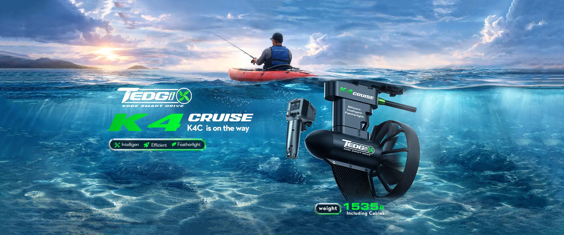 Tedgix K4C Cruise coming soon desktop banner featuring an electric SUP and kayak motor, remote control, kayak fishing scene, and 1535g weight highlight.