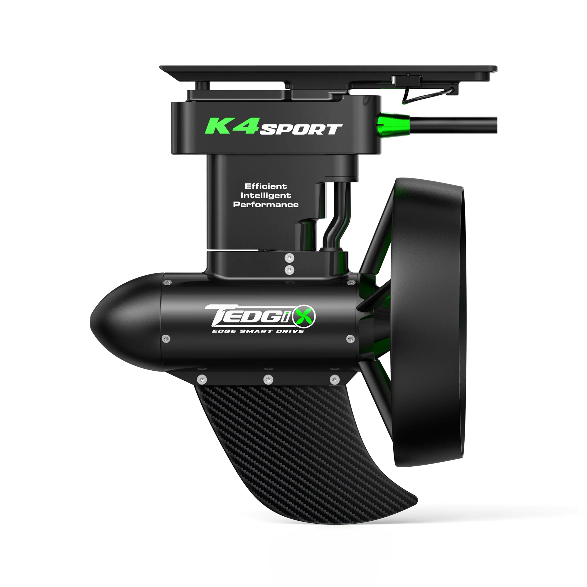 Tedgix K4S Sport electric SUP and kayak motor product image with steering fin and propeller.