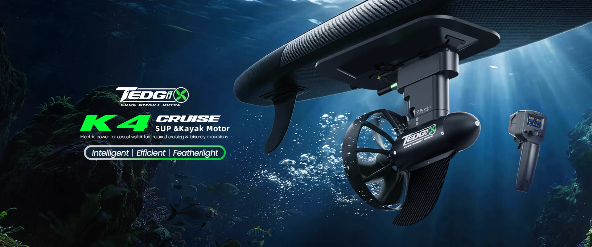 Desktop homepage banner showing K4C Cruise mounted under a SUP board with wireless remote