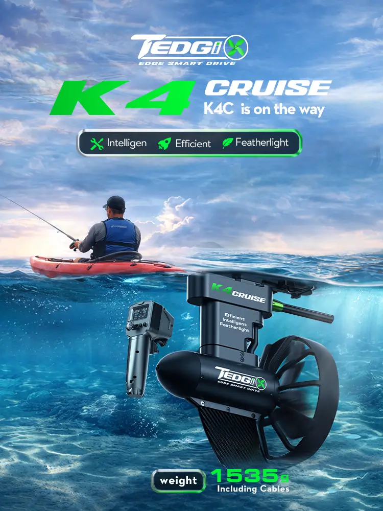 Tedgix K4C Cruise coming soon banner showing an electric SUP and kayak motor with remote control, ocean scene, and 1535g weight callout.