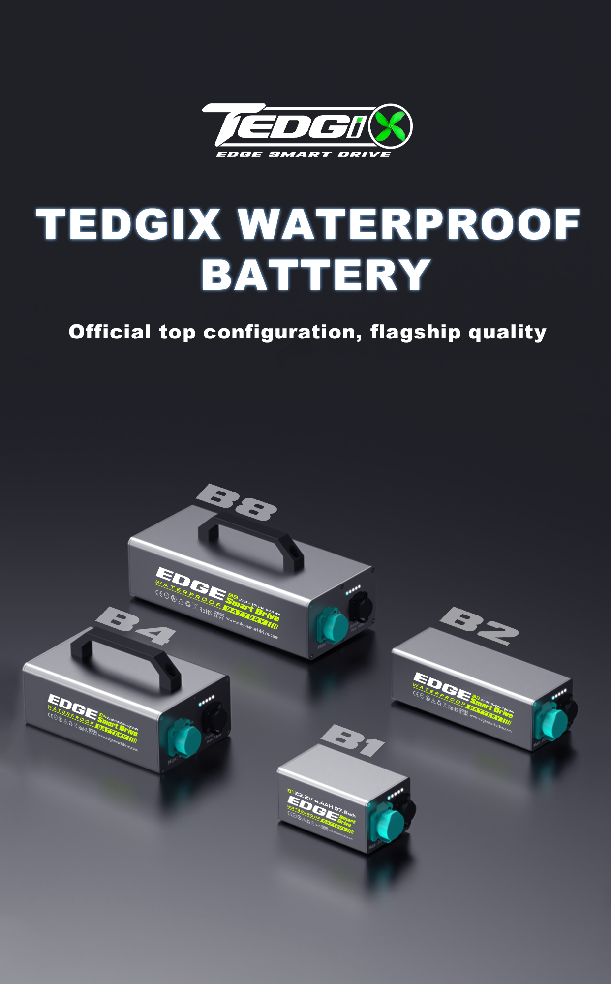 Mobile banner for TEDGIX K4 waterproof battery series, displaying B1, B2, B4, and B8 capacity options vertically.