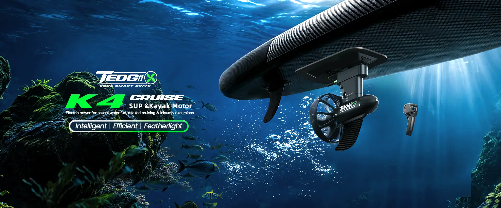 Desktop homepage banner showing K4C Cruise mounted under a SUP board with wireless remote