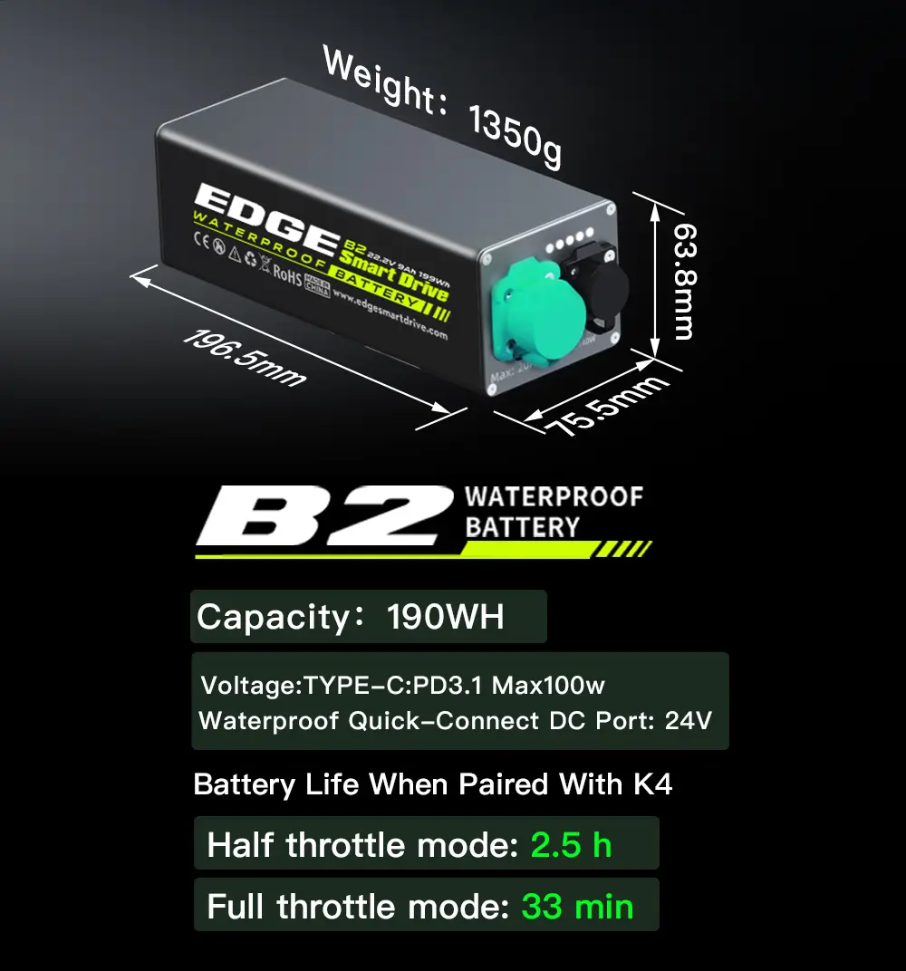 Tedgix B2 marine propulsion battery, the reliable standard power source designed for the Tedgix K4C kayak motor.