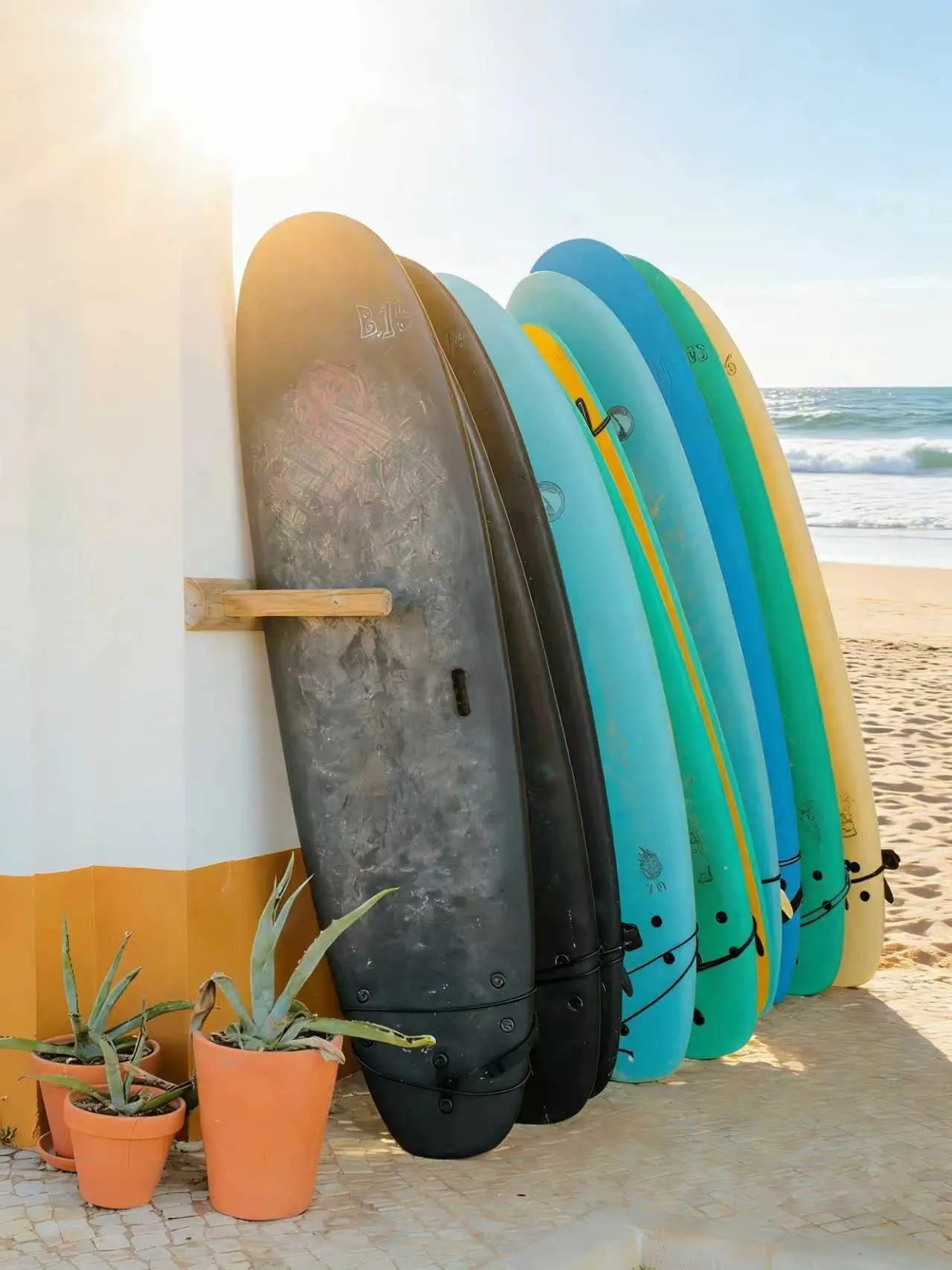 A stack of durable soft-top longboards leaning against a wall, a popular choice for surf schools and beginners.