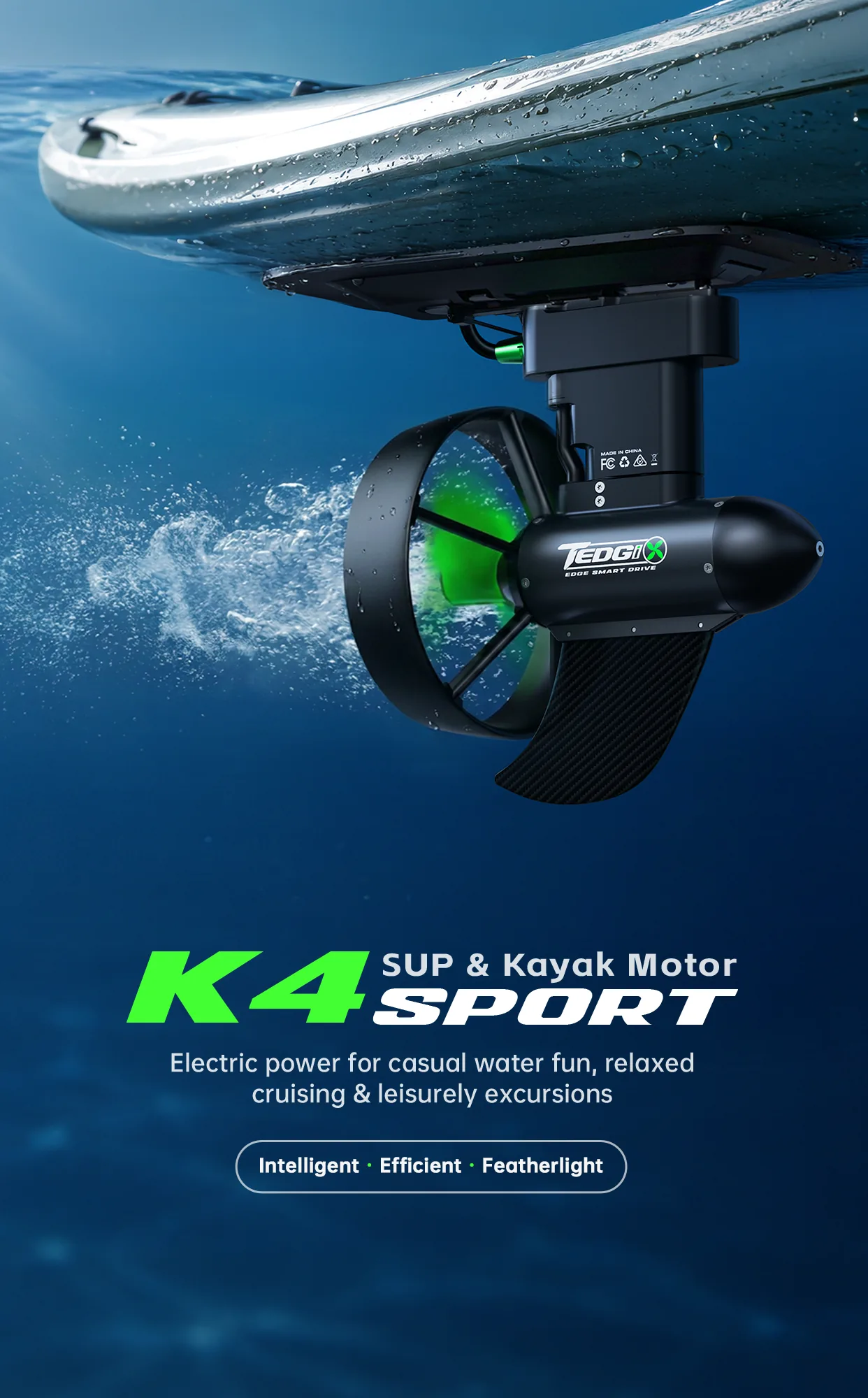 Tedgix K4S Sport SUP and kayak motor mounted under a board in an underwater mobile hero image.