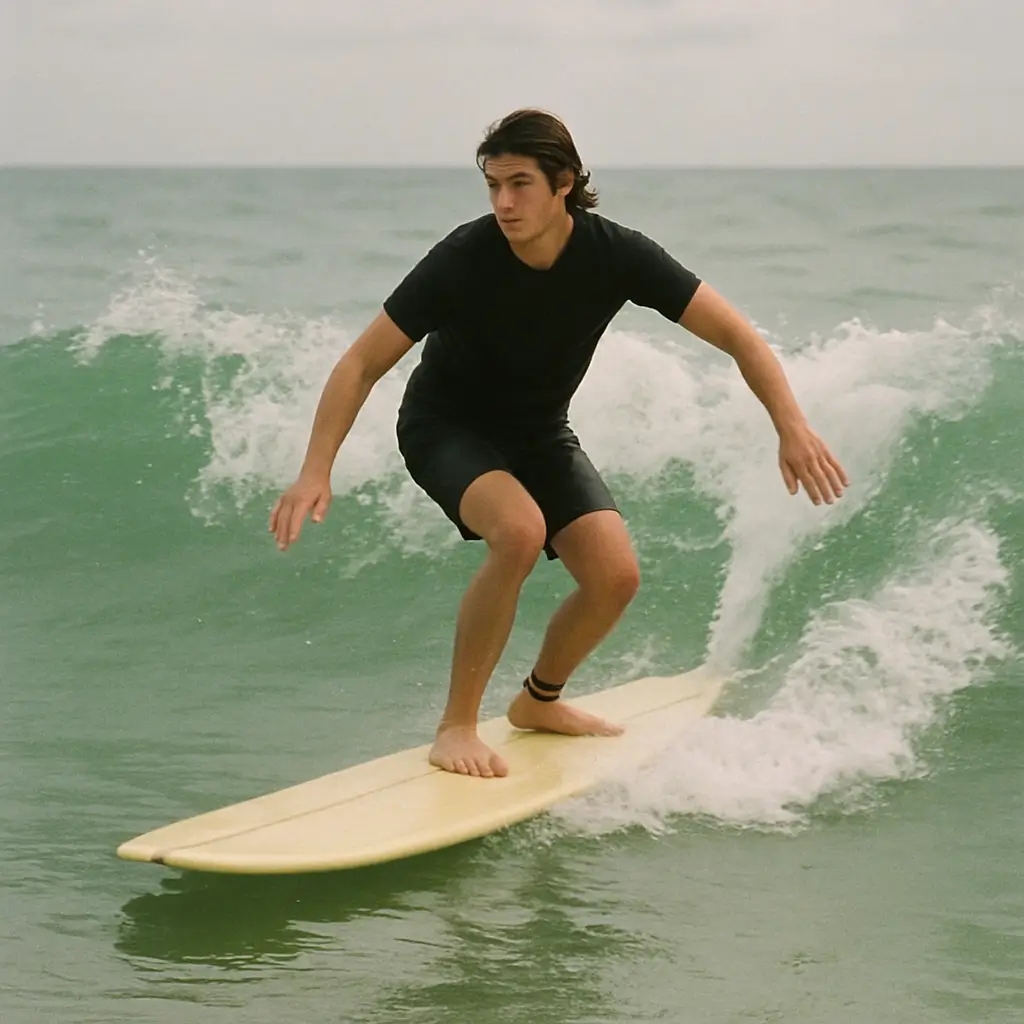 A beginner surfer riding a stable yellow longboard on a gentle wave, demonstrating high volume stability.