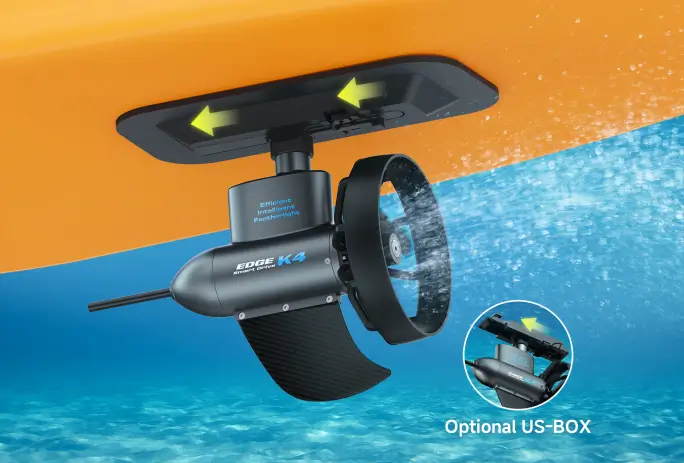 A 3D illustration demonstrating the Edge K4 trolling motor sliding into a kayak's US-BOX, highlighting the drill-free, plug-and-play installation.