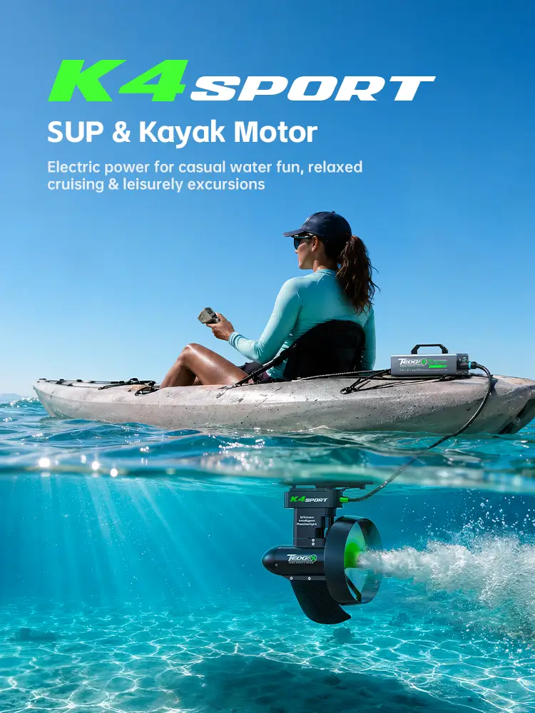 K4S Sport by Tedgix mobile banner showing a kayak rider using wireless remote propulsion on open water