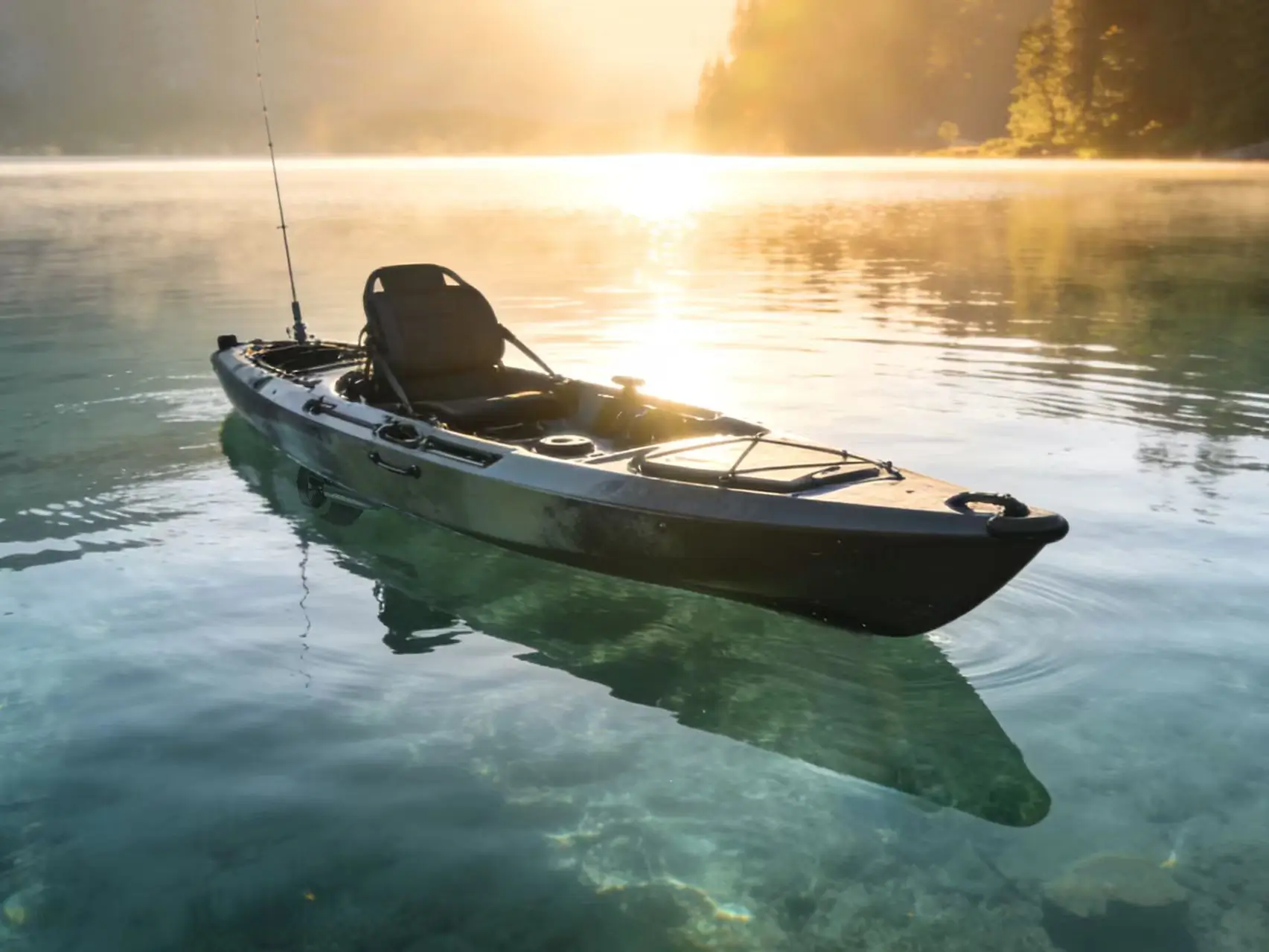 A peaceful morning view of a fishing kayak on a calm lake, representing the serene adventure of kayaking.