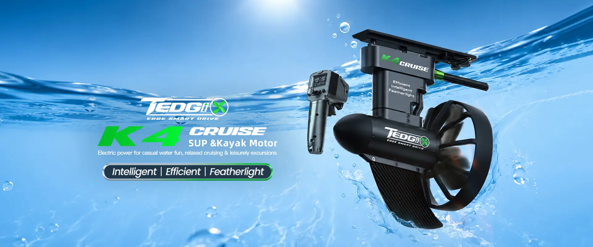 The Tedgix K4C electric propulsion system mounted on a blue kayak at the beach, providing an effortless motor upgrade for paddleboards, SUPs, and small boats.