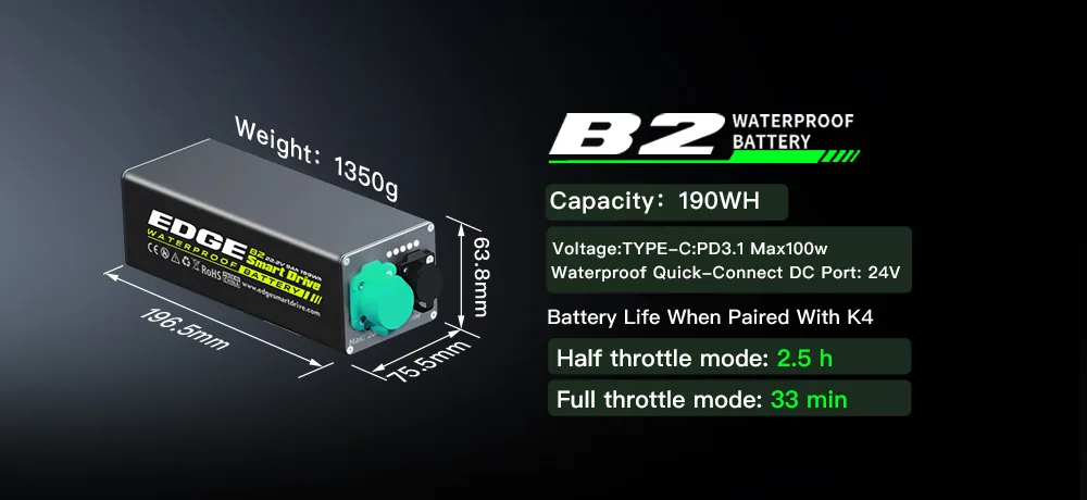Tedgix B2 marine propulsion battery, the reliable standard power source designed for the K4C kayak and SUP motor.