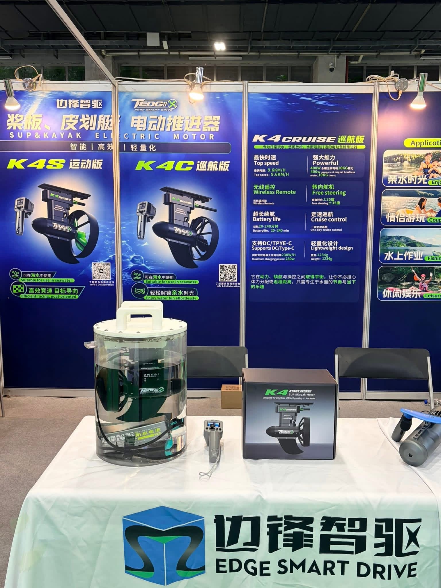 Tedgix K4C product display for lightweight electric SUP and kayak motor use