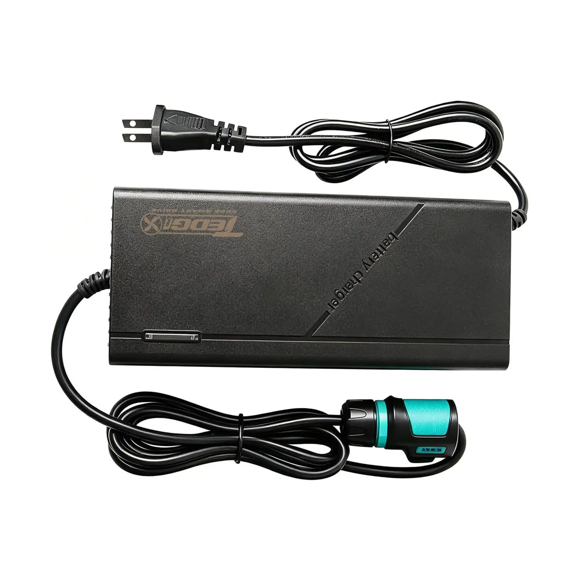 Tedgix K4 252W battery charger flat lay with US power plug and output connector.