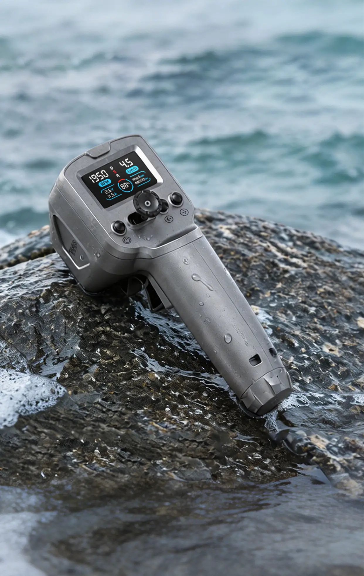 Tedgix K4 Series electric kayak motor remote control with display for speed, battery voltage, steering, and riding data