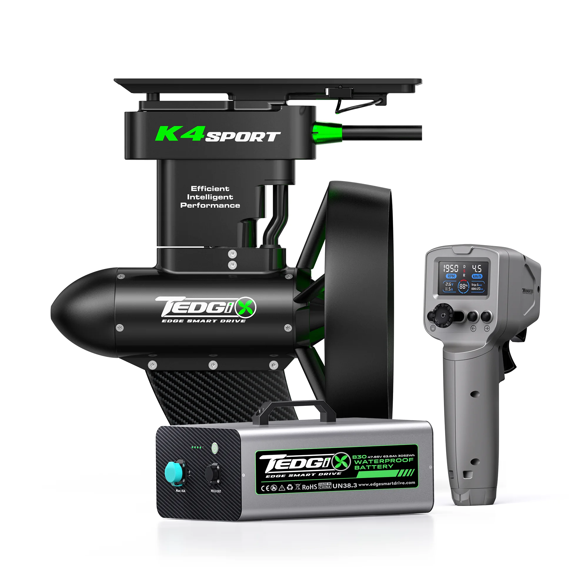 Tedgix K4S Sport motor, wireless remote, and B30 waterproof battery kit.
