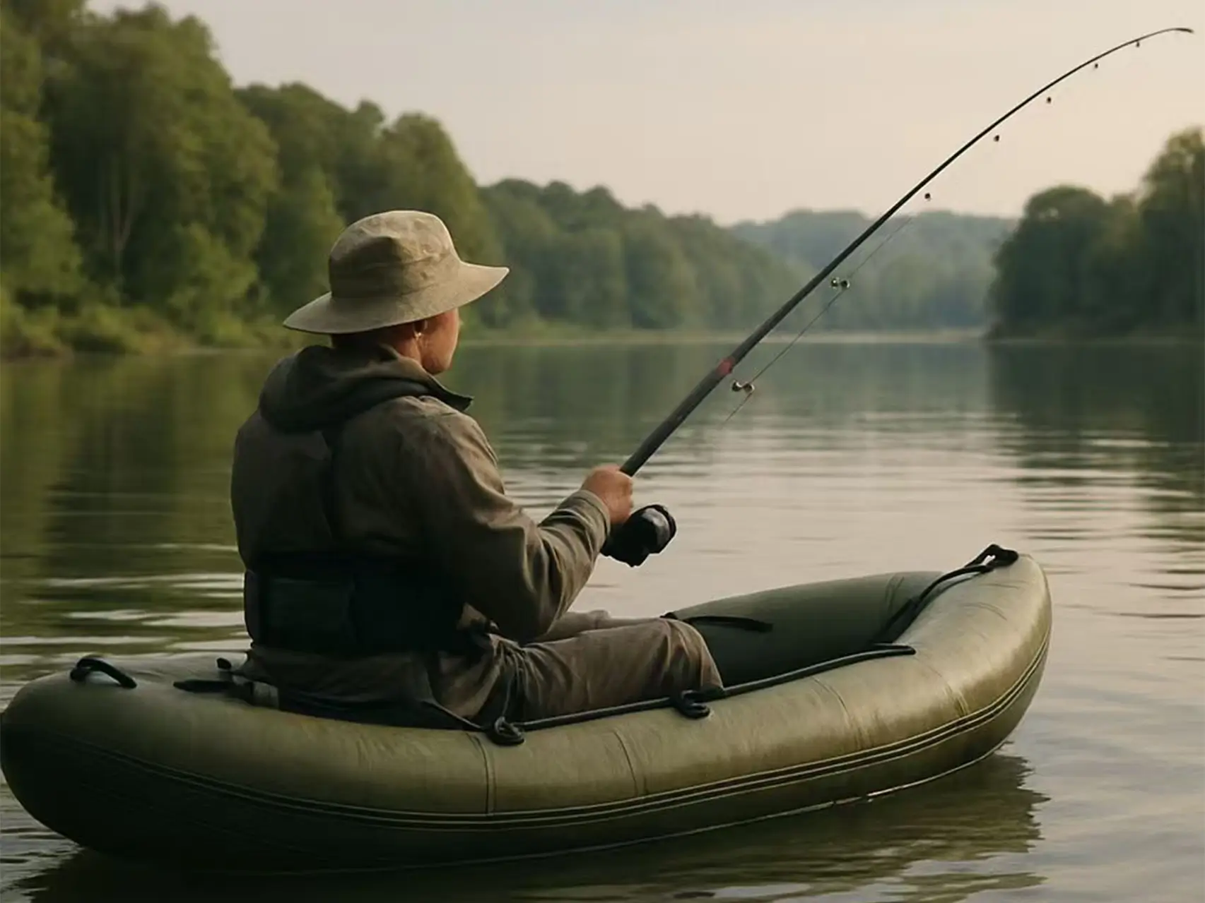 Angler fishing from an inflatable kayak on calm water, showing a practical and lightweight fishing setup