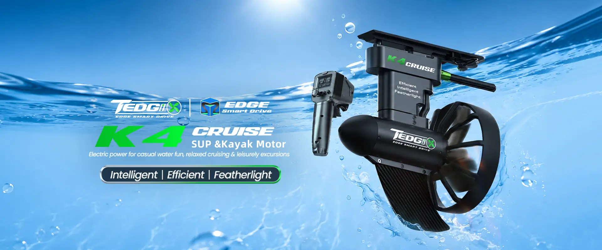 The Tedgix K4C electric propulsion system mounted on a blue kayak at the beach, providing an effortless motor upgrade for paddleboards, SUPs, and small boats.