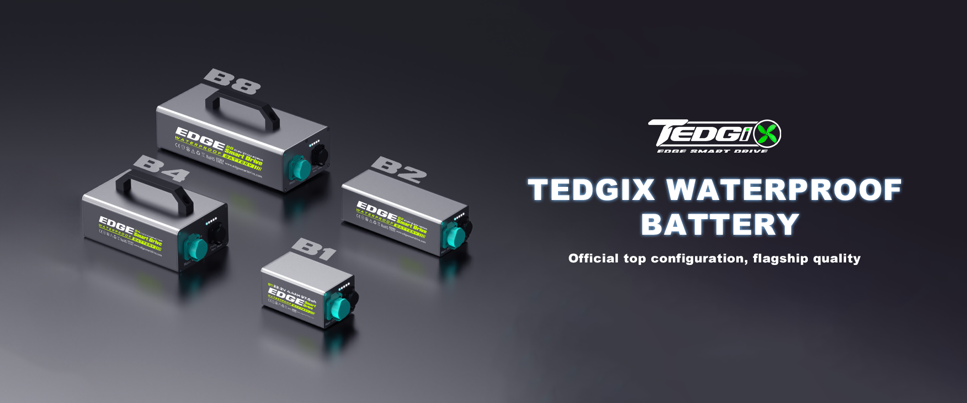 Desktop banner featuring the full lineup of TEDGIX K4 waterproof batteries (B1 to B8) with flagship quality branding.
