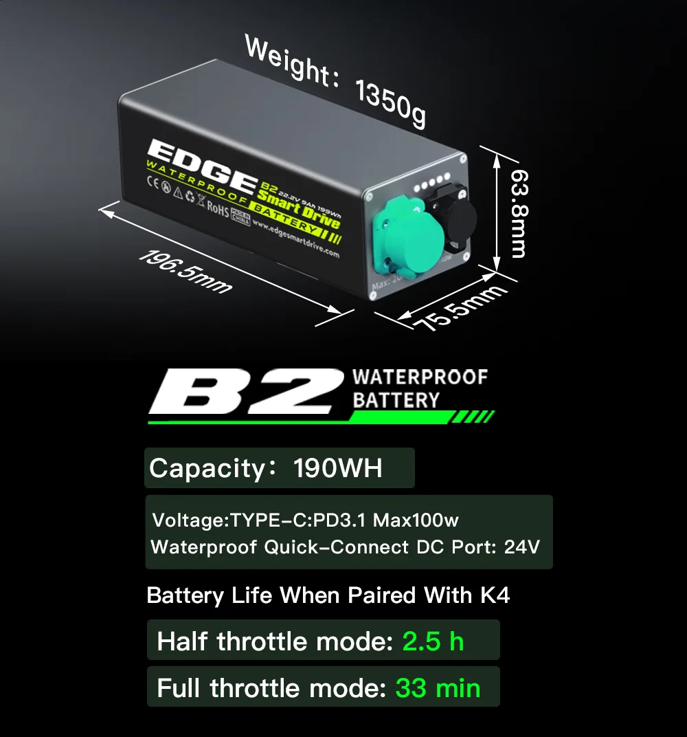 Tedgix B2 marine propulsion battery, the reliable standard power source designed for the K4C kayak and SUP motor.