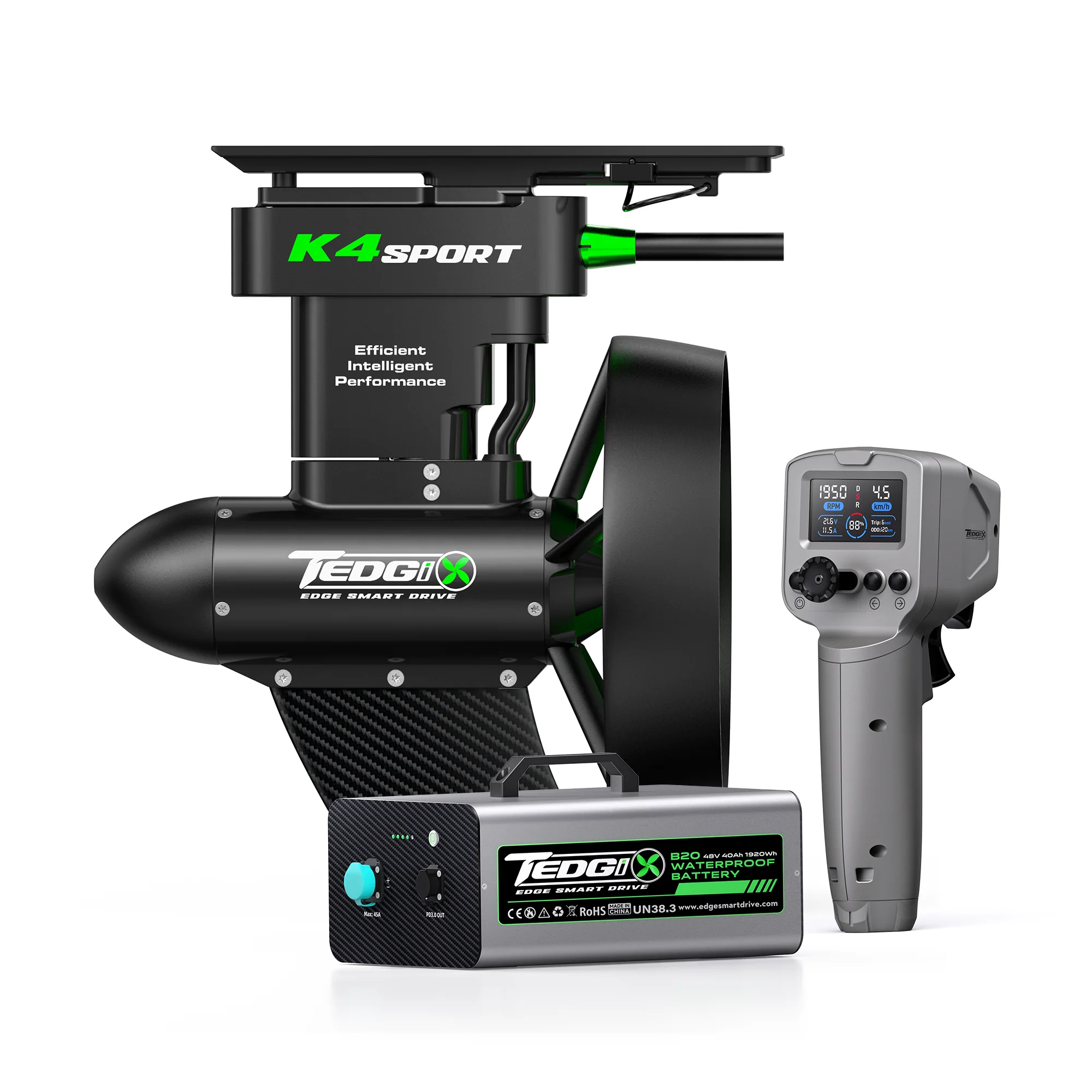 Tedgix K4S Sport motor, wireless remote, and B20 waterproof battery kit.
