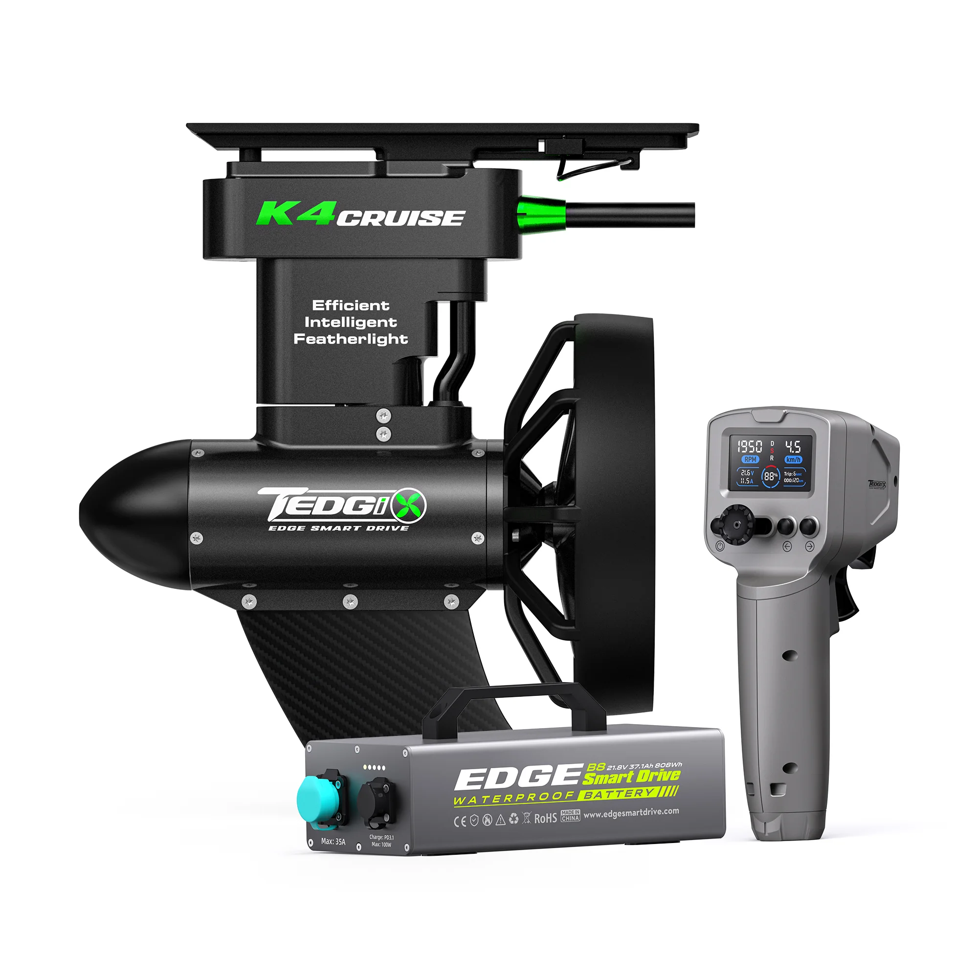 Tedgix K4C Cruise motor, wireless remote, and B8 battery kit for extended casual cruising.