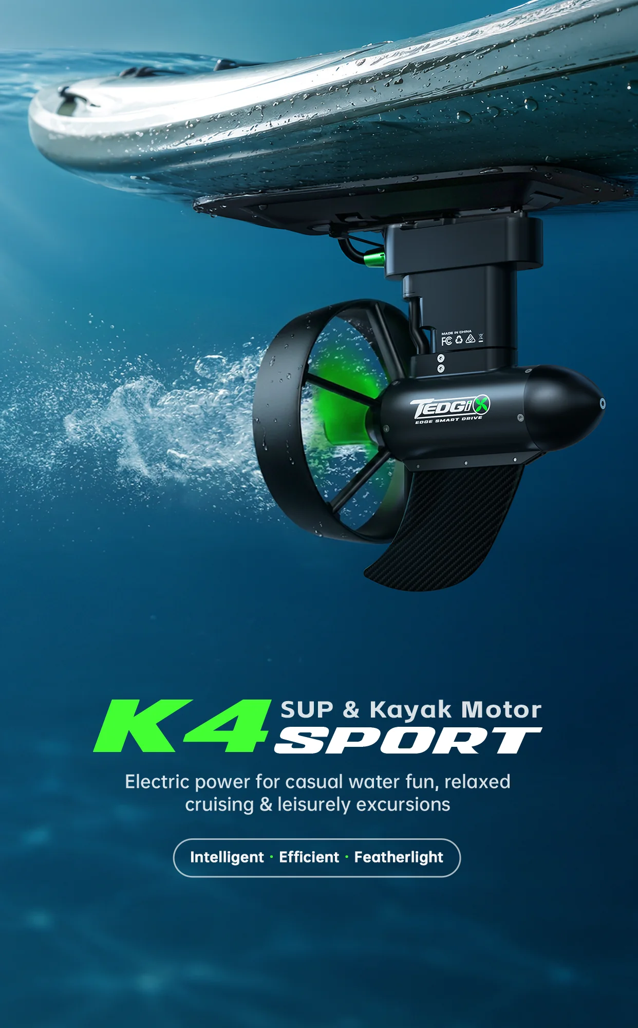 K4S Sport by Tedgix mobile hero poster showing the SUP and kayak motor driving through water