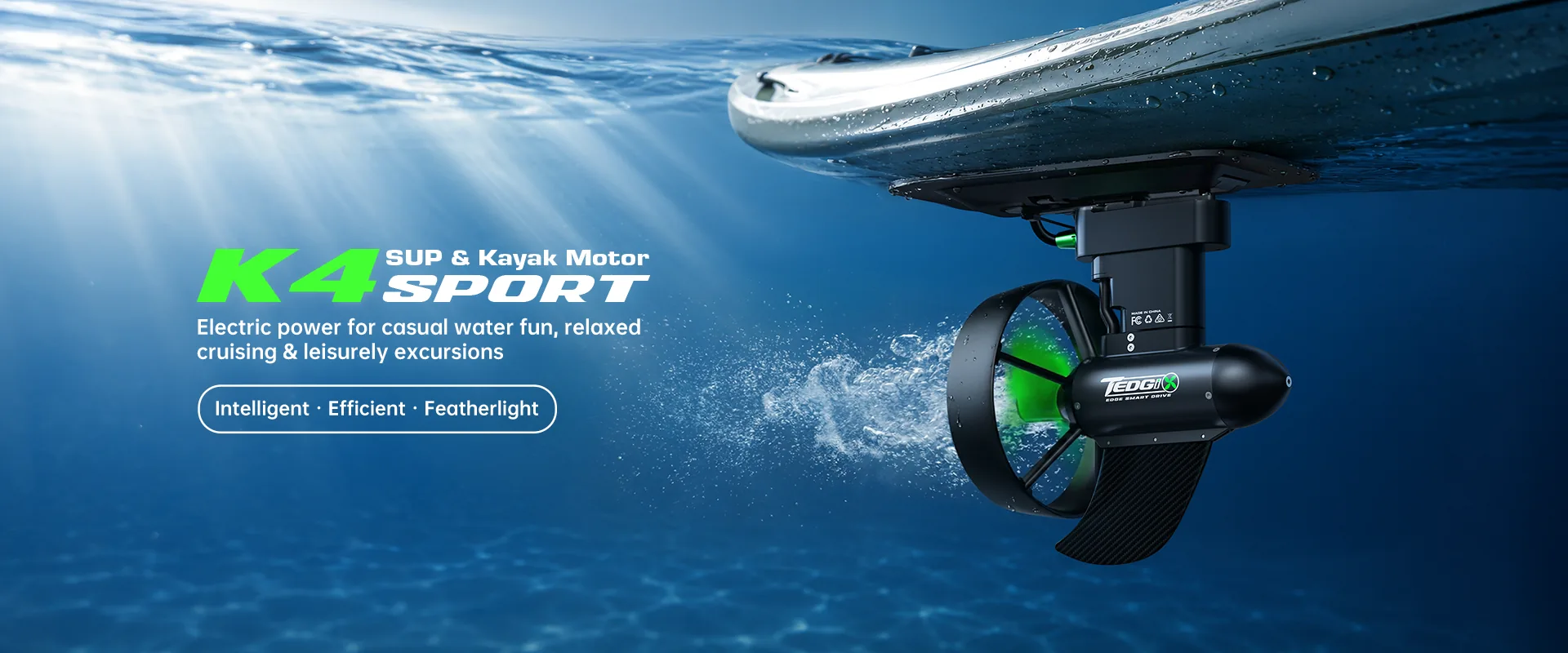 Tedgix K4S Sport electric SUP and kayak motor shown underwater for desktop hero display.
