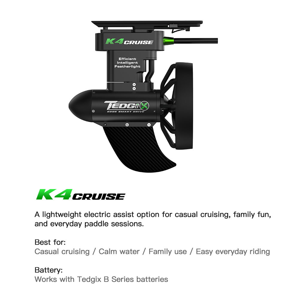 Tedgix K4C Cruise electric propulsion setup for casual cruising family use and everyday SUP or kayak riding