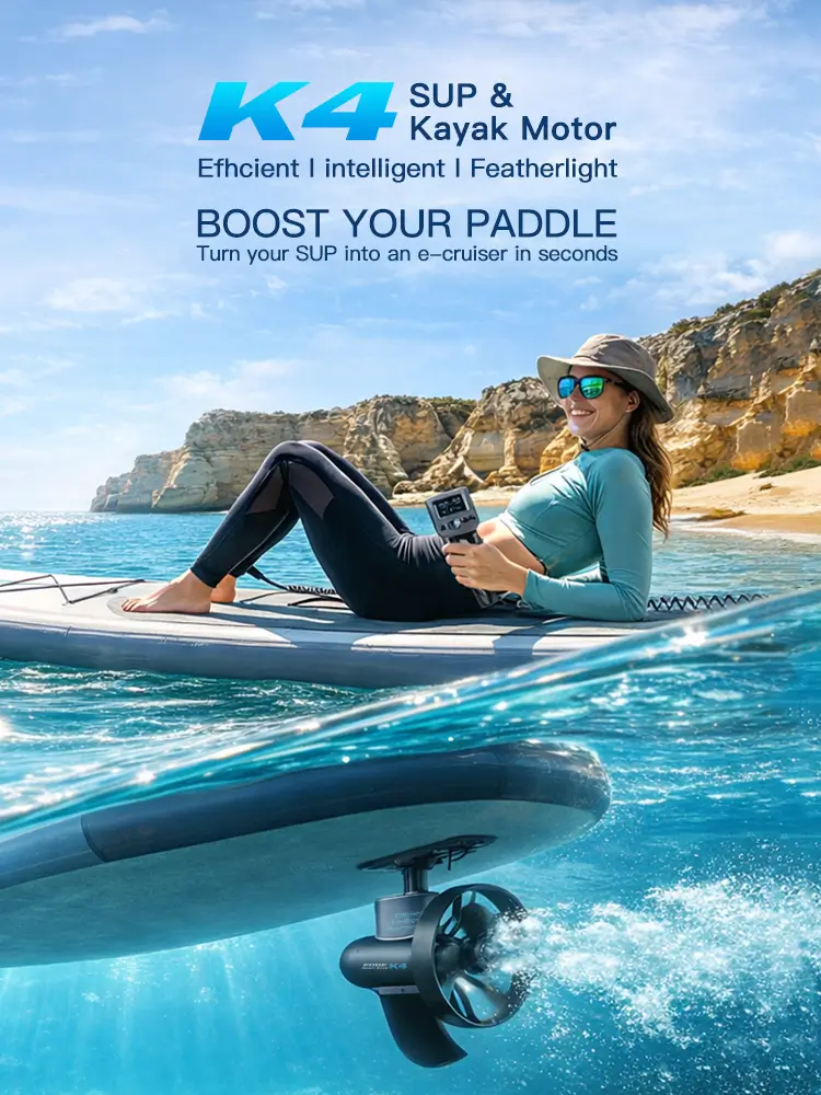 Vertical mobile banner showing a split underwater view of the EDGE K4 motor propelling a paddleboard, while a woman relaxes on top holding the wireless remote. Text reads: Boost Your Paddle.