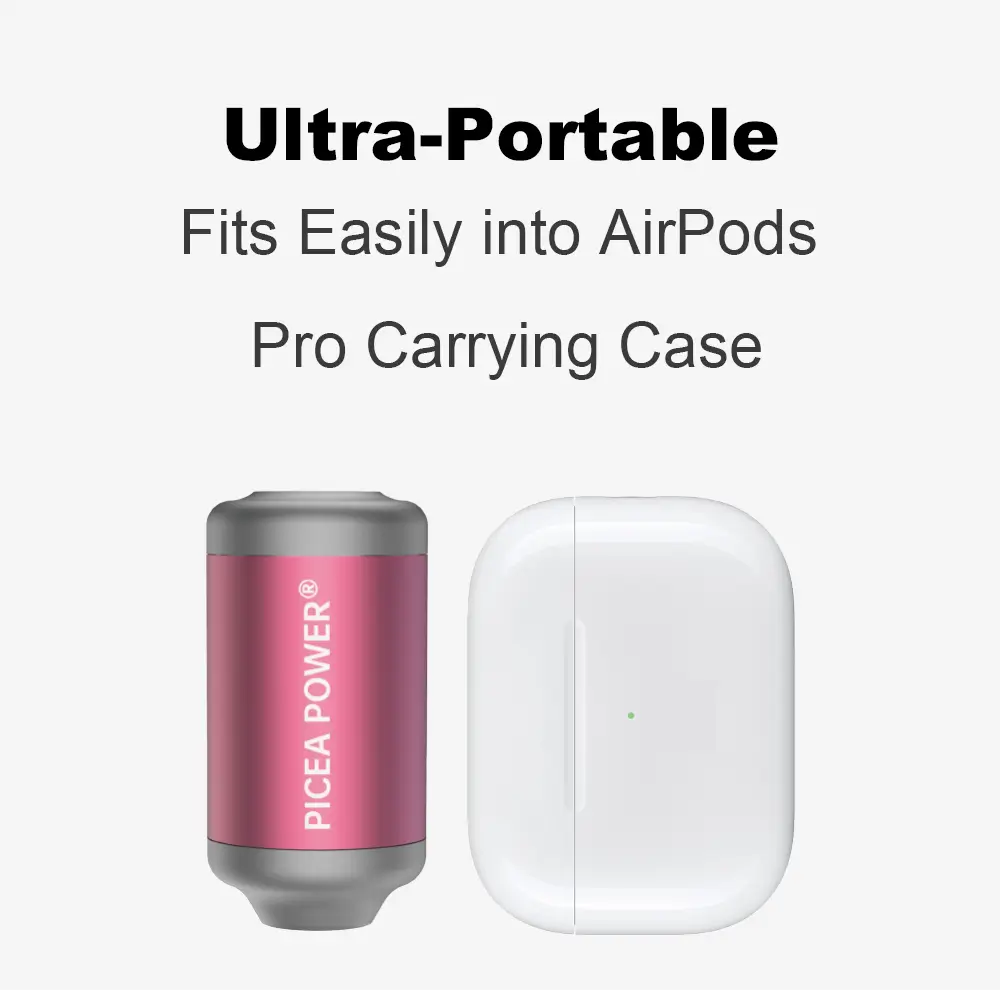 Ultra-portable TEDGIX TurboBean air pump size comparison next to an AirPods Pro charging case, showing compact travel design.