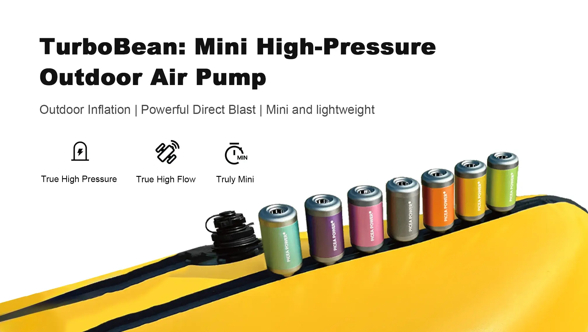 TEDGIX TurboBean mini high pressure outdoor air pump displaying colorful lineup on a yellow inflatable packraft. Features true high pressure and high flow.