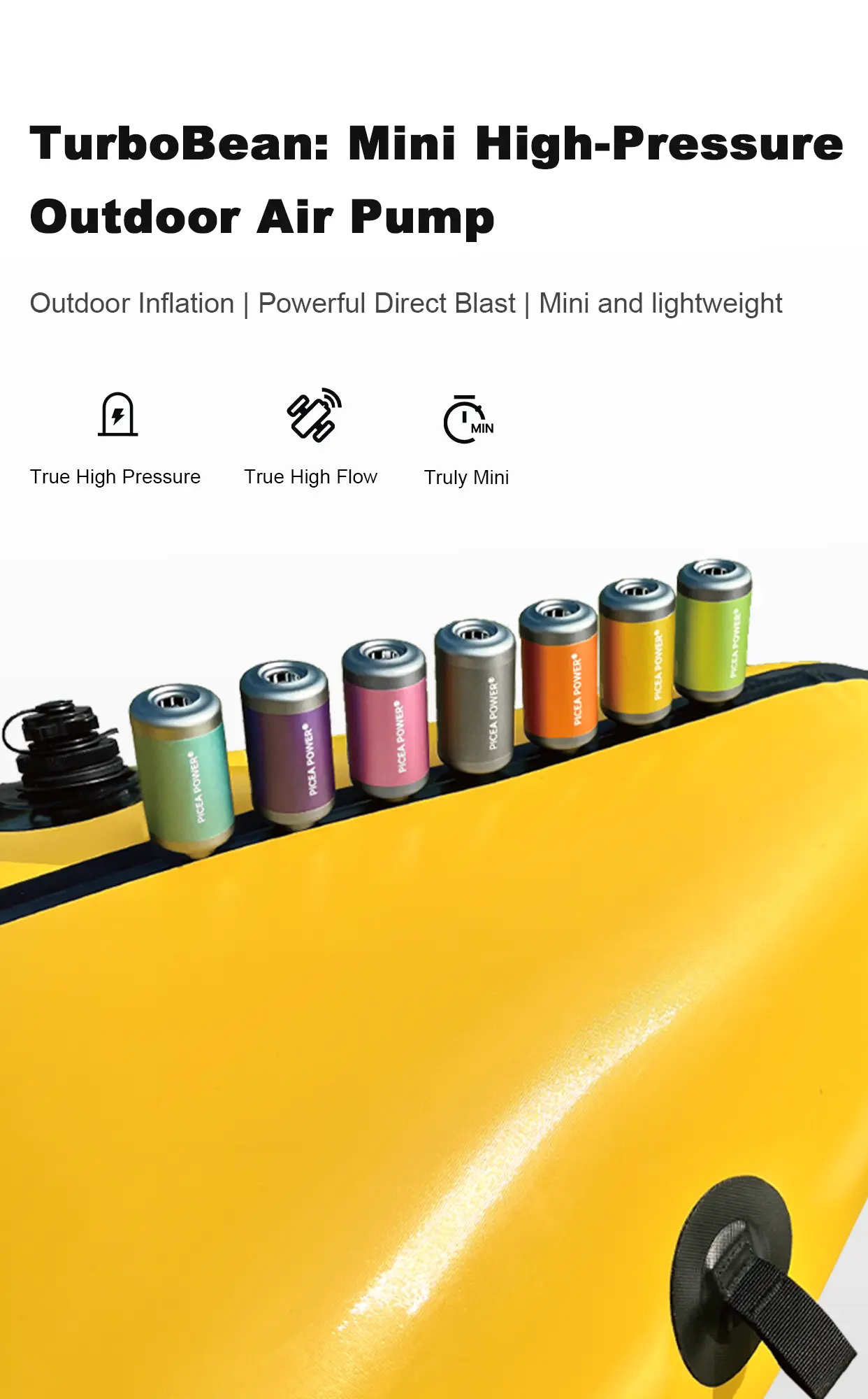 TEDGIX TurboBean mini high pressure outdoor air pump displaying colorful lineup on a yellow inflatable packraft. Features true high pressure and high flow.