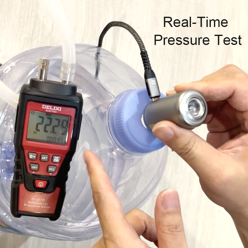 Real-time pressure gauge test verifying TEDGIX TurboBean output exceeds 22kPa for high-pressure performance.