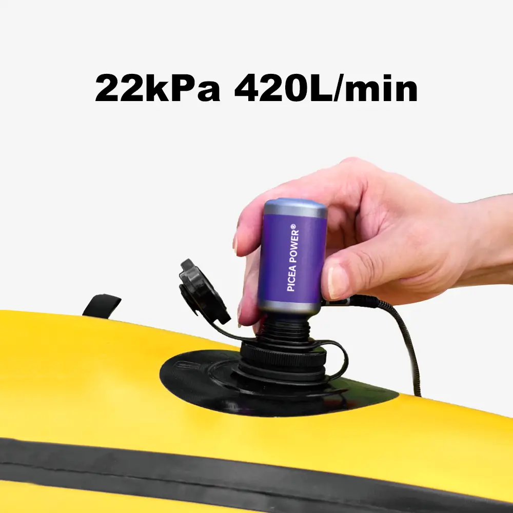 Hand holding a purple TEDGIX TurboBean pump inflating a yellow packraft, demonstrating 22kPa high pressure and 420L/min airflow.