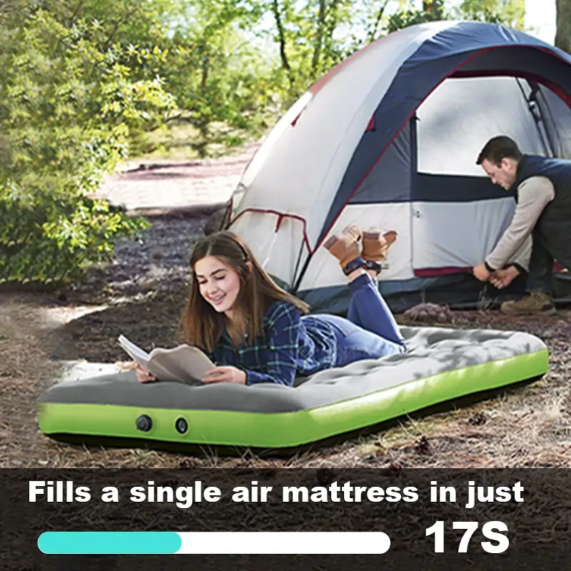 Camping air mattress inflated in just 17 seconds by TEDGIX TurboBean, showing fast setup for campers.