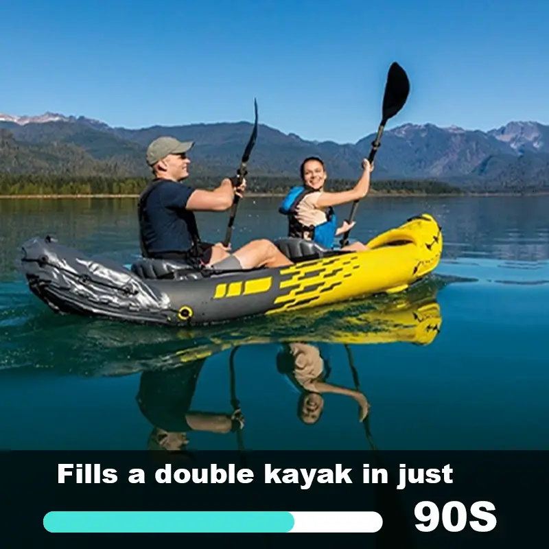 Double inflatable kayak on a lake, inflated in just 90 seconds using the high-speed TEDGIX TurboBean pump.