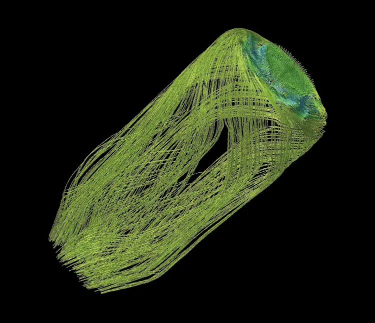 Computational Fluid Dynamics (CFD) simulation showing the efficient high-speed airflow structure inside the TEDGIX TurboBean motor.