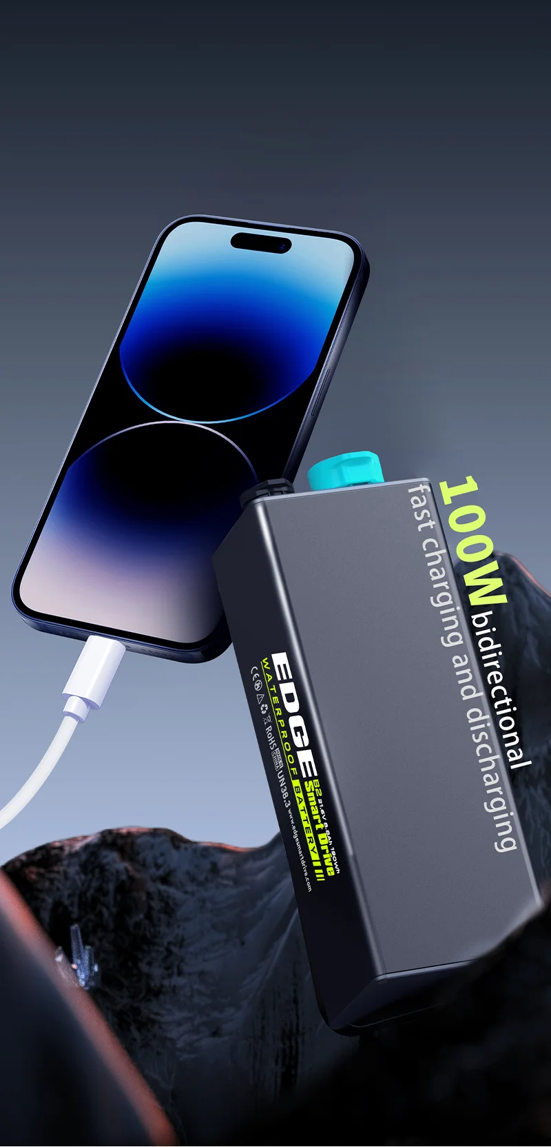 TEDGIX EDGE B2 waterproof battery featuring 100W bidirectional fast charging, shown powering an iPhone via USB-C.