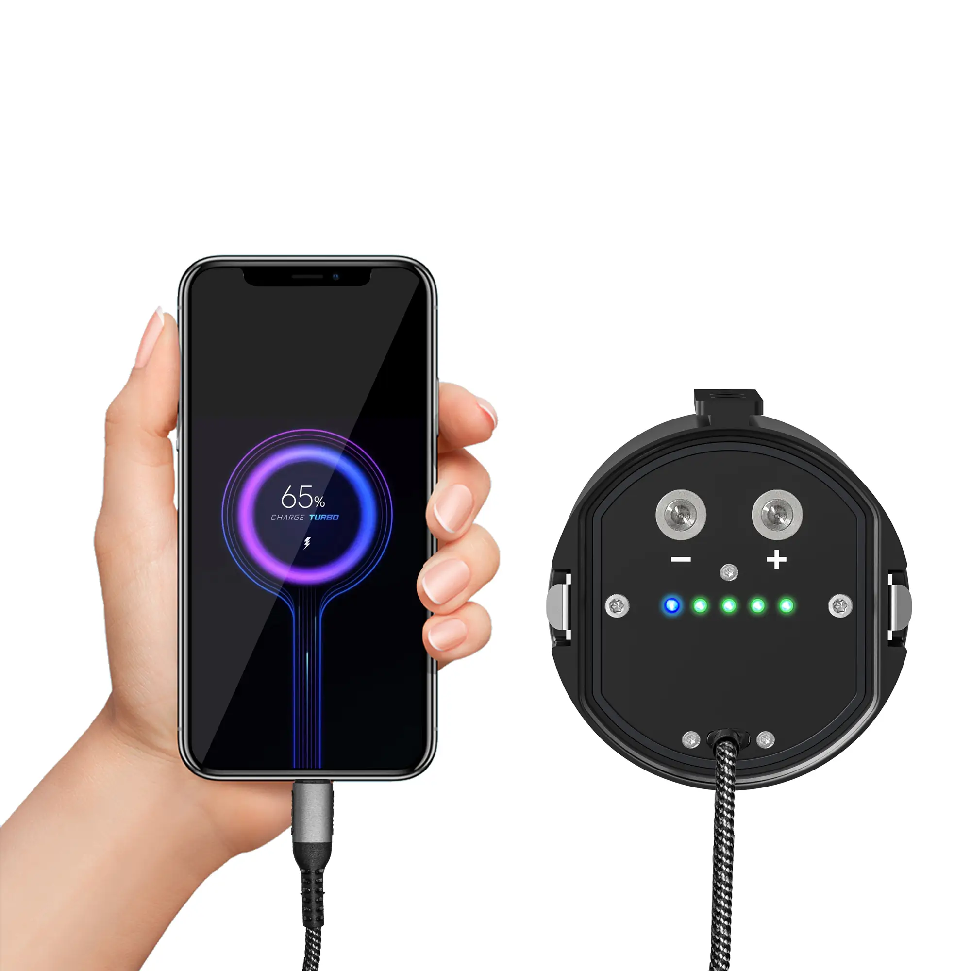 TEDGIX K5 battery functioning as a 100W waterproof power bank, reverse charging a smartphone via USB-C port.