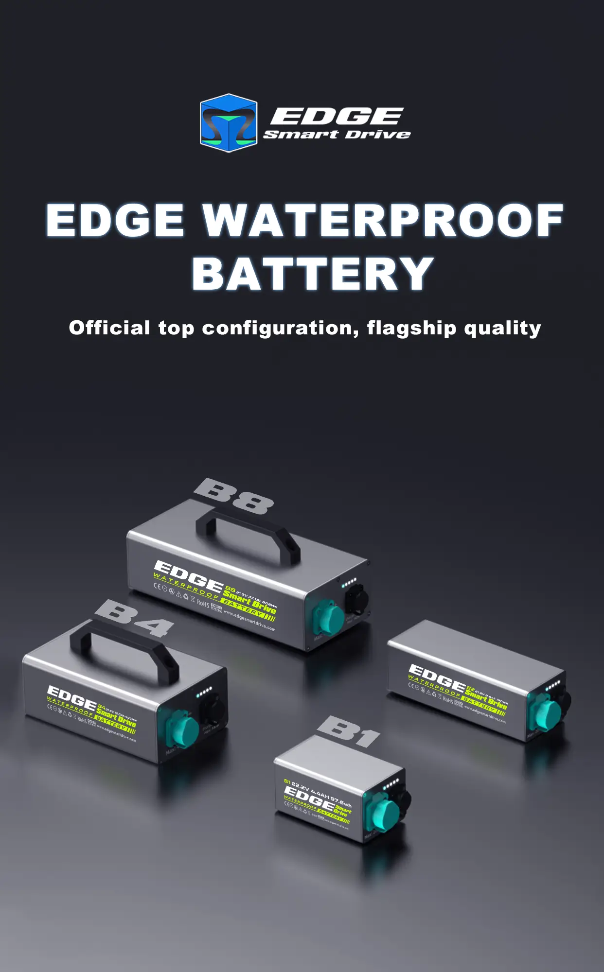 Mobile banner for TEDGIX K4 waterproof battery series, displaying B1, B2, B4, and B8 capacity options vertically.