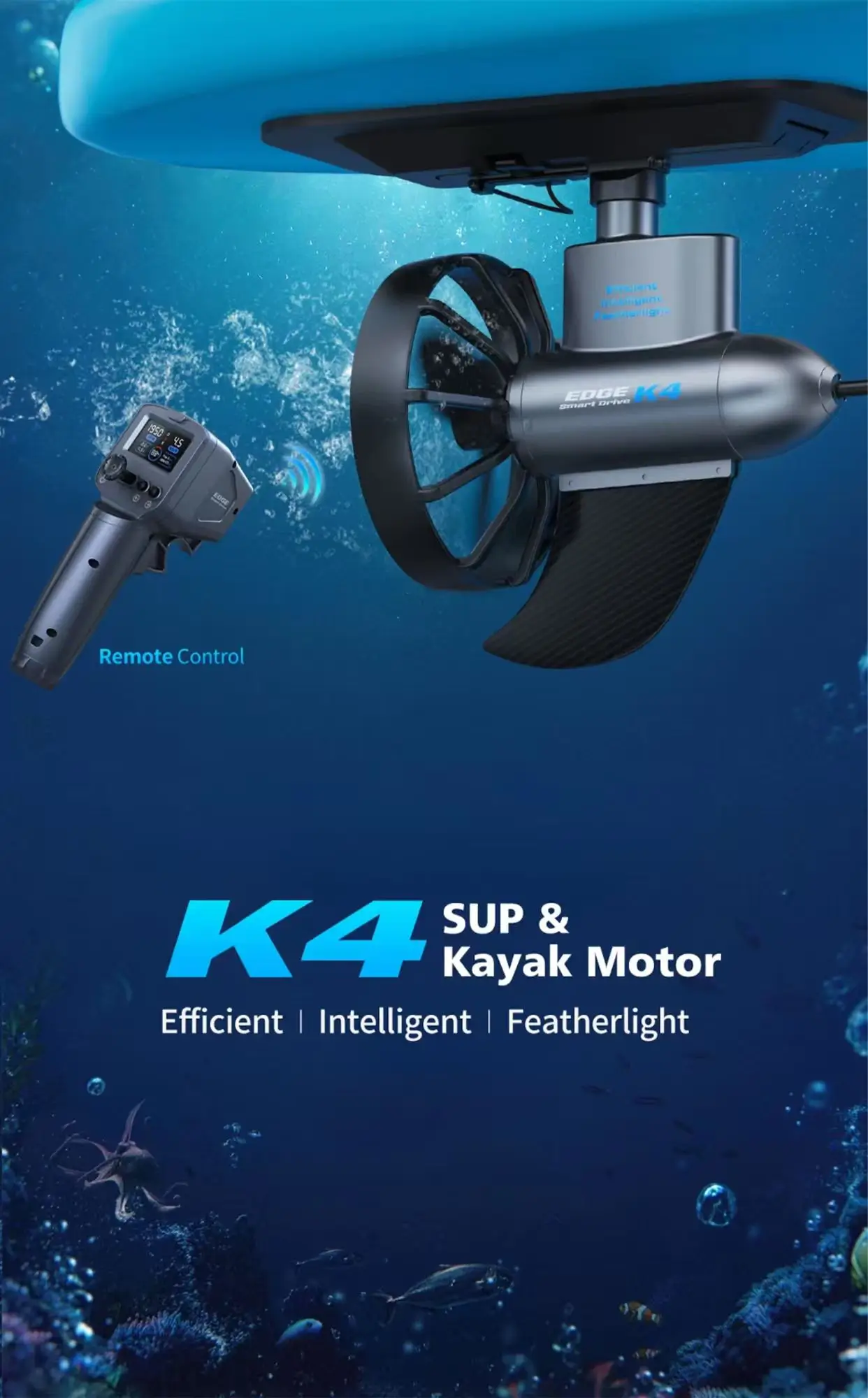 Mobile banner for TEDGIX K4 electric SUP motor. Underwater view showing the propulsion unit attached to a paddleboard and the wireless remote control.